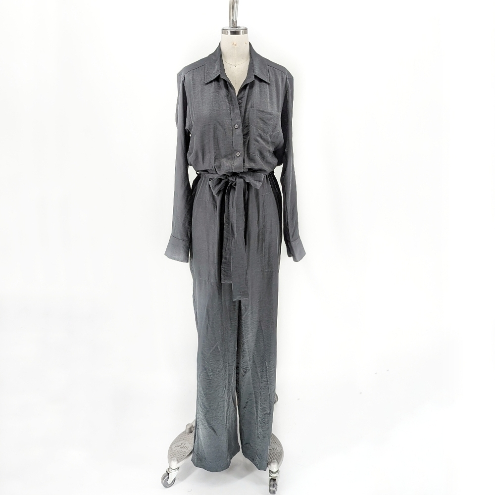 Anthropologie Tiny Button Front Wide Leg Jumpsuit Gray S minimalist contemporary